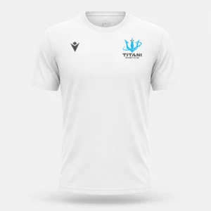 T-shirt bianca Titani Rugby U8–U14, vista frontale, con logo del club e logo Macron.