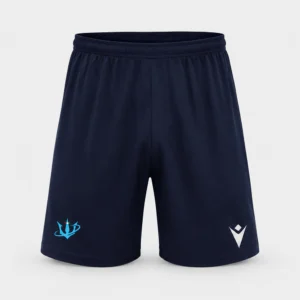 Bermuda blu navy Titani Rugby U8–U14, vista frontale, con tridente azzurro e logo Macron.