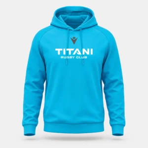 Felpa azzurra con cappuccio Titani Rugby U8–U14, vista frontale, con scritta Titani Rugby Club e logo Macron.