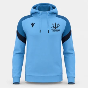 Felpa azzurra con cappuccio Titani Rugby U16–Seniores, vista frontale, con inserti scuri sulle spalle e sulle maniche e loghi Titani e Macron.