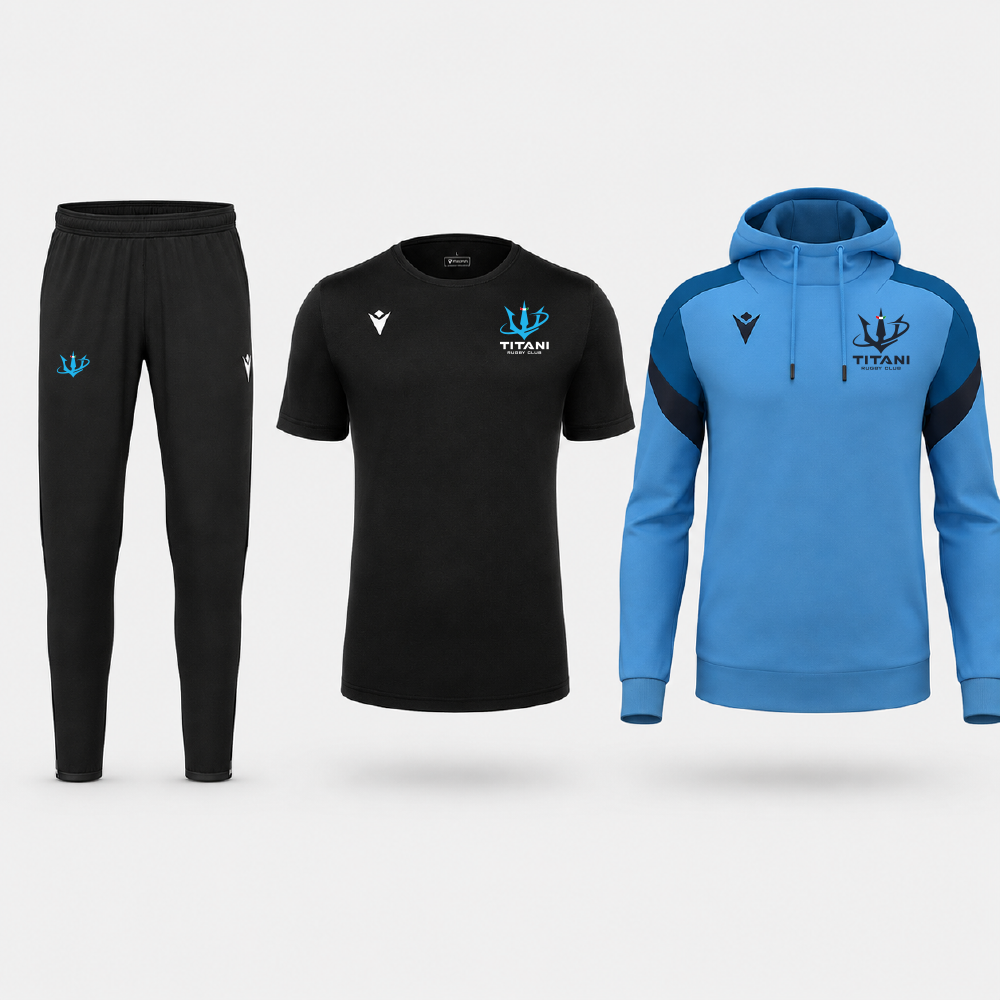 Kit nuovo iscritto Titani Rugby U16–Seniores composto da felpa azzurra con inserti scuri, T-shirt nera e pantalone lungo nero.