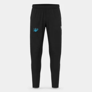 Pantalone lungo nero Titani Rugby U16–Seniores, vista frontale, con tridente azzurro e logo Macron.