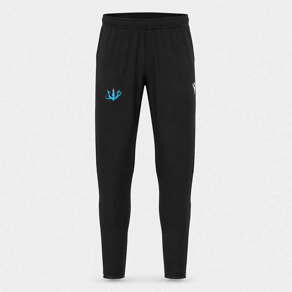 Pantalone lungo nero Titani Rugby U16–Seniores, vista frontale, con tridente azzurro e logo Macron.