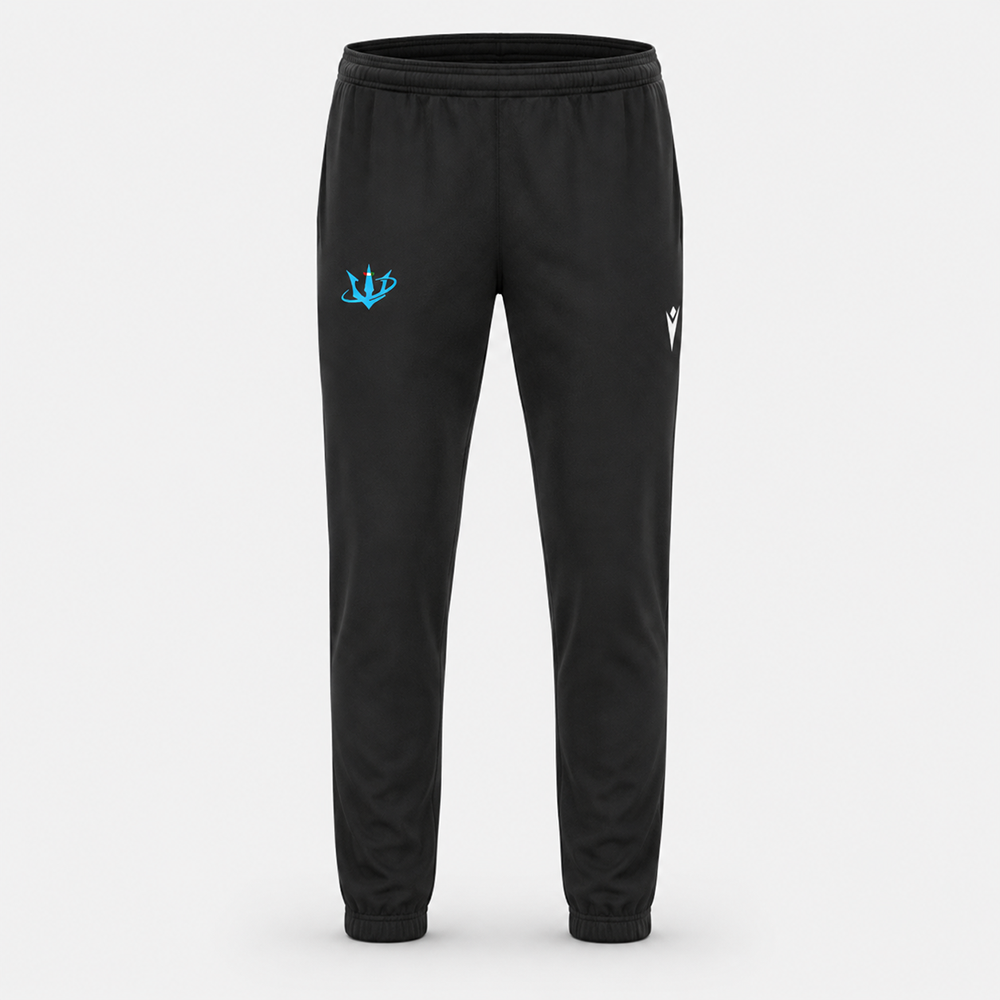 Pantalone lungo blu navy Titani Rugby U8–U14, vista frontale, con tridente azzurro e logo Macron.