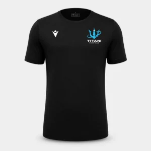 T-shirt nera Titani Rugby U16–Seniores, vista frontale, con logo del club e logo Macron.