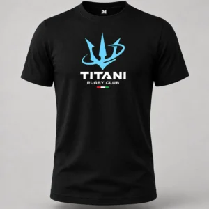 T-shirt nera Titani Tridente, vista frontale, con grande tridente azzurro e scritta Titani Rugby Club.
